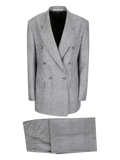 Tagliatore Houndstooth Tailored Double-breasted Blazer And Wide-leg Trousers In Gray