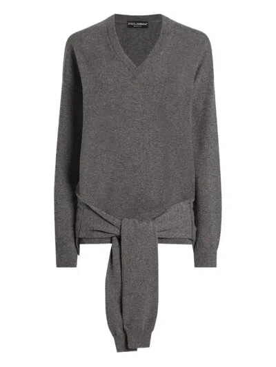 Dolce & Gabbana V-neck Knotted Cashmere Sweater Clothing In Gray
