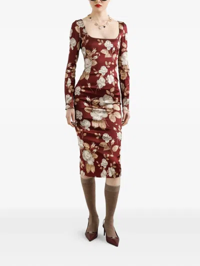Dolce & Gabbana Dolce&gabbana Burgundy Satin Dress With Floral Print Women In Burgundy