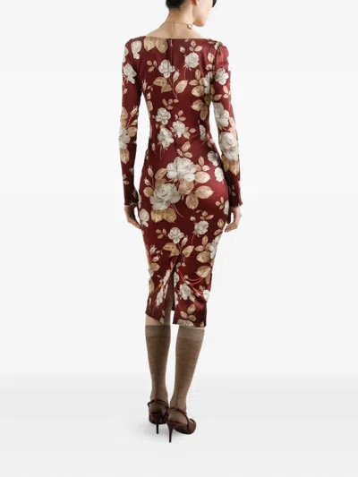 Dolce & Gabbana Dolce&gabbana Burgundy Satin Dress With Floral Print Women In Burgundy