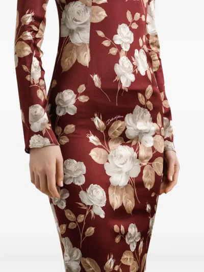 Dolce & Gabbana Dolce&gabbana Burgundy Satin Dress With Floral Print Women In Burgundy