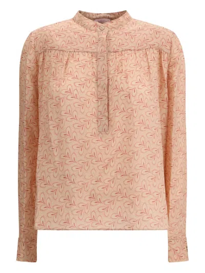 Kristina Ti Blouse With Foliage Print And Refined Stand-up Collar In Pink