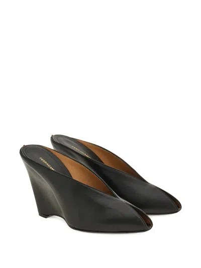 Ferragamo Leather Mules With Wedge Heel And Glossy Finish In Black