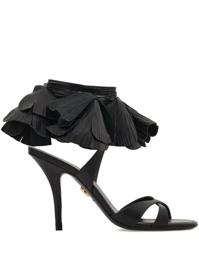 Ferragamo Estrella Leather Flower Ankle-tie Sandals In Black