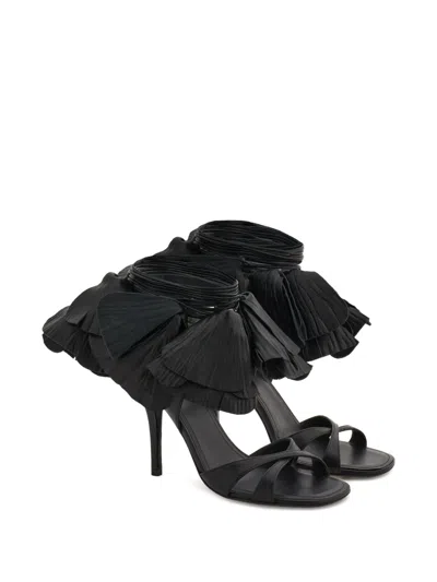 Ferragamo Estrella Leather Flower Ankle-tie Sandals In Black
