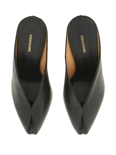 Ferragamo Leather Mules With Wedge Heel And Glossy Finish In Black