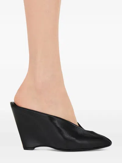 Ferragamo Leather Mules With Wedge Heel And Glossy Finish In Black