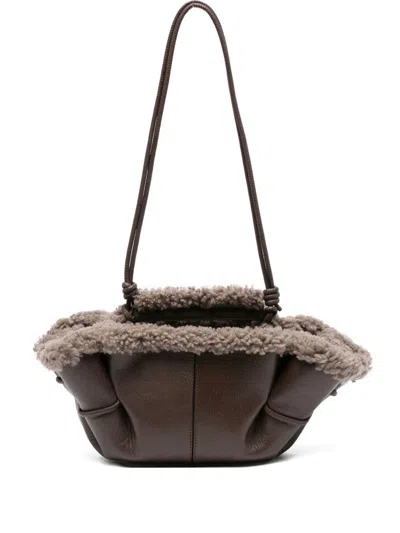 Hereu Mini Leather Handbag Shearling Trim In Brown