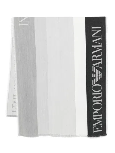 Emporio Armani Logo-embellished Striped Scarf In Gray