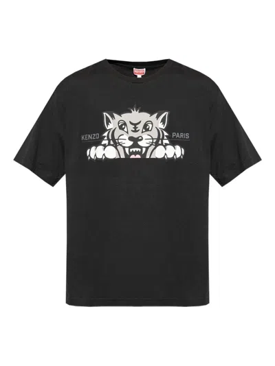 Kenzo Graphic Print Crew Neck Cotton T-shirt In Black