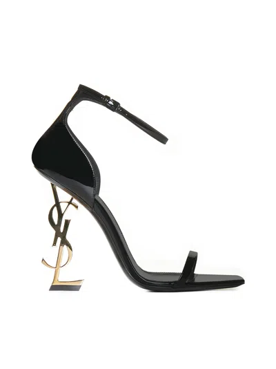 Saint Laurent Opyum Patent Leather Sandals With Structured Heel Featuring Metal Ysl Initials And Adj In Black