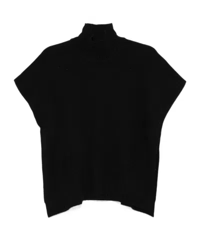 Ermanno Firenze Ribbed Turtleneck With Short Sleeves And Side Slits In Black