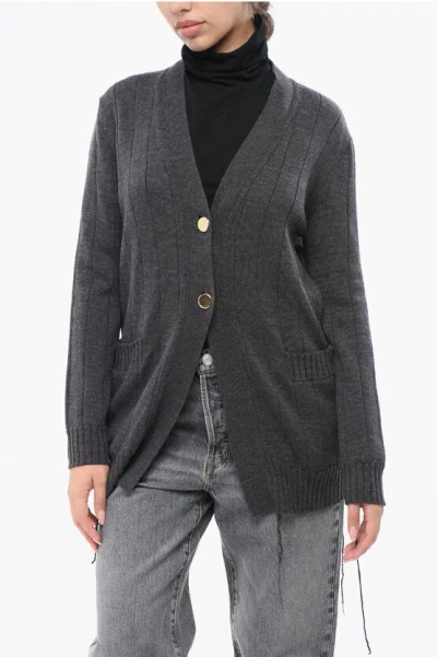 Archiviob Ribbed Merino Wool Cardigan With Golden Buttons And Frayed D