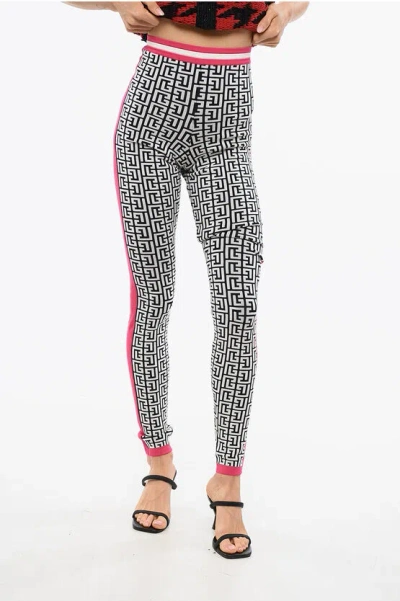 Balmain Side-stripe Monogram Knit Leggings In Black