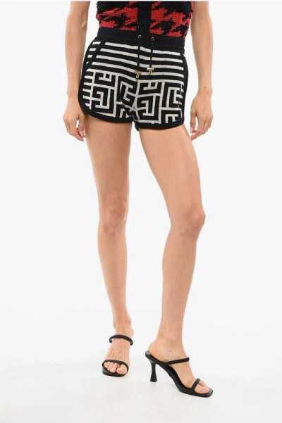 Balmain Striped Monogram Wool Linen Knit Shorts In Multi