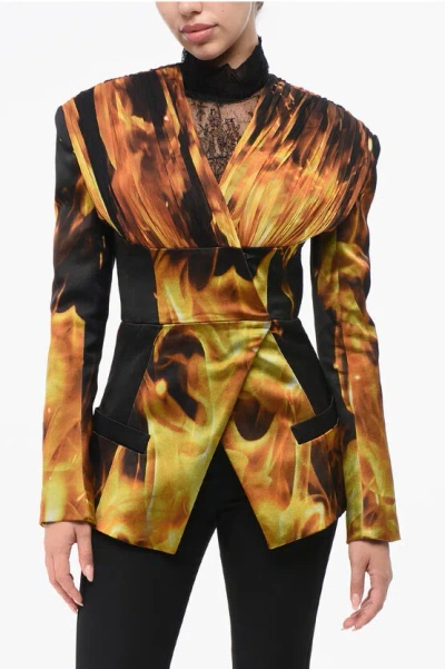 Balmain Printed Satin Fire Collarless Blazer In Gold