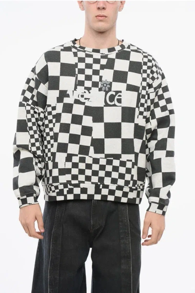 Erl Checked Crew-neck Sweatshirt With Rib Hem In White