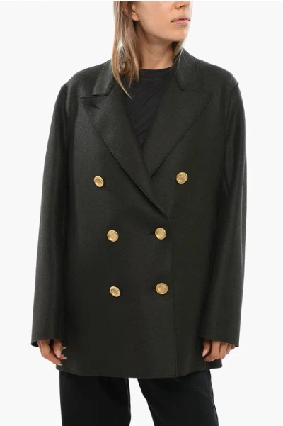 Harris Wharf Virgin Wool Double Breasted Coat With Golden Effect Buttons In Black