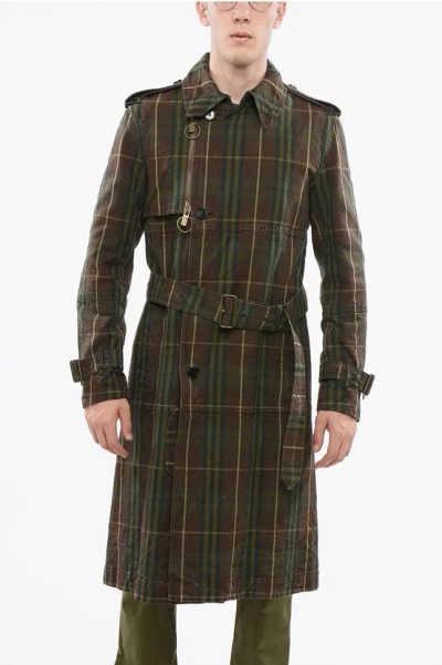 Burberry Vintage Effect Checked Trench Coat With Belt In Green