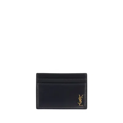 Saint Laurent Tiny Cassandre Credit Card Case In Shiny Leather In Black