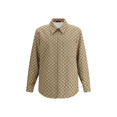 Gucci Beige Jacket With Classic Collar And Front Zip Closure In Gg Canvas Man