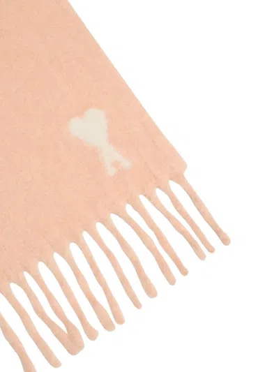 Ami Alexandre Mattiussi Fringed Rectangular Scarf In Soft Powder Pink With Jacquard Detail In Pink