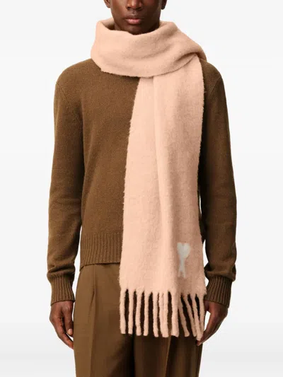 Ami Alexandre Mattiussi Fringed Rectangular Scarf In Soft Powder Pink With Jacquard Detail In Pink