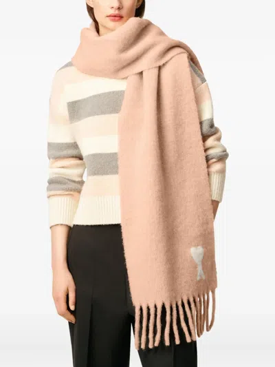 Ami Alexandre Mattiussi Fringed Rectangular Scarf In Soft Powder Pink With Jacquard Detail In Pink