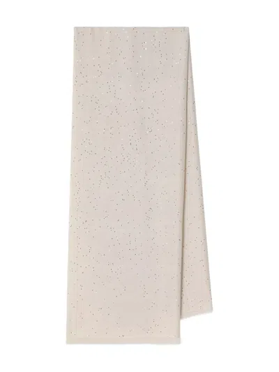 Brunello Cucinelli Rustic Cashmere Scarf With Frayed Edges And Sequin Embellishments In Neutral