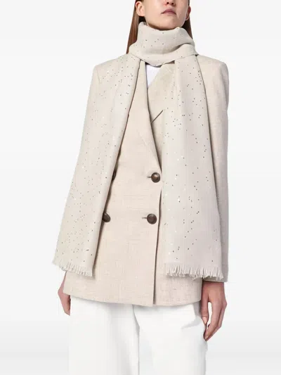 Brunello Cucinelli Rustic Cashmere Scarf With Frayed Edges And Sequin Embellishments In Neutral