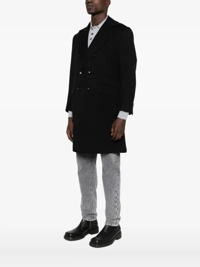 Kiton Double-breasted Cupro Coat In Black