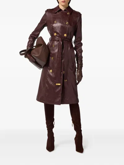 Elisabetta Franchi Double-breasted Coat With Epaulettes And Pockets In Brown