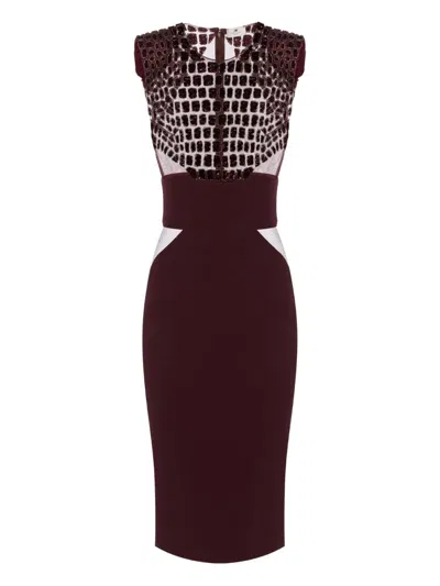 Elisabetta Franchi Fitted Midi Dress With Glossy Embellishments In Burgundy