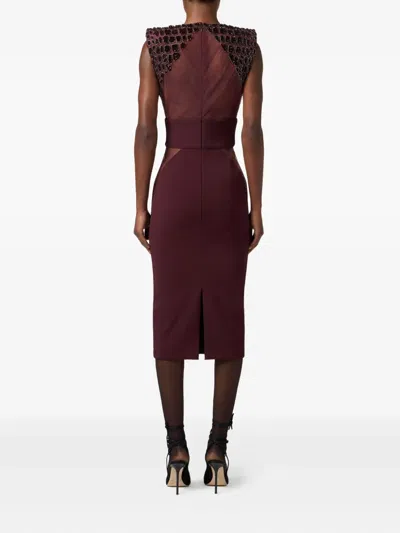 Elisabetta Franchi Fitted Midi Dress With Glossy Embellishments In Burgundy