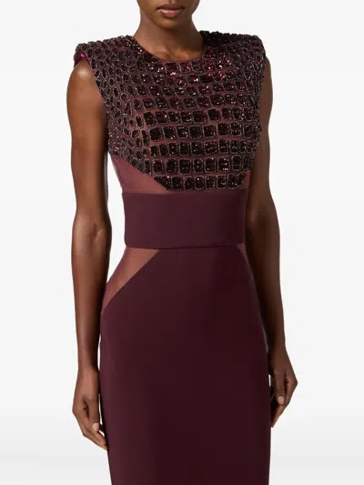 Elisabetta Franchi Fitted Midi Dress With Glossy Embellishments In Burgundy