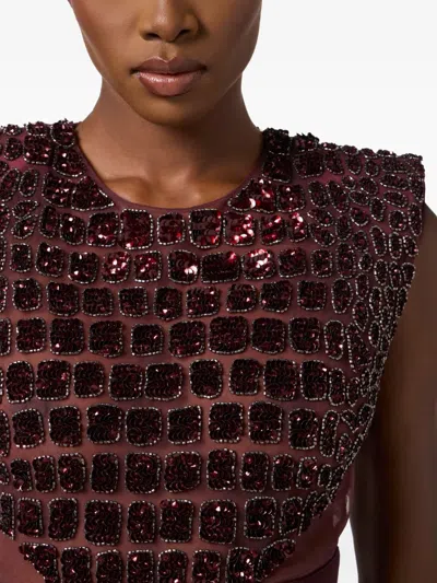 Elisabetta Franchi Fitted Midi Dress With Glossy Embellishments In Burgundy