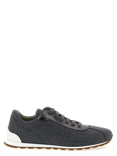 Brunello Cucinelli Women Low-top Wool Flannel Sneakers With Leather Profiles In Black