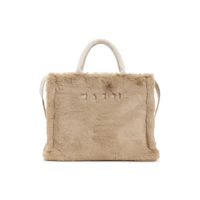 Marni Small Rectangular Basket Bag With Plush Faux Fur Fabric In Sand