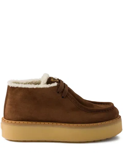 Prada Suede Chukka Boots With Shearling Lining And 5 Cm Sole Height In Brown