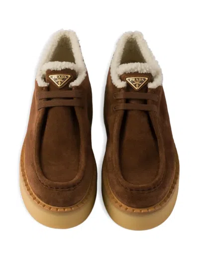 Prada Suede Chukka Boots With Shearling Lining And 5 Cm Sole Height In Brown