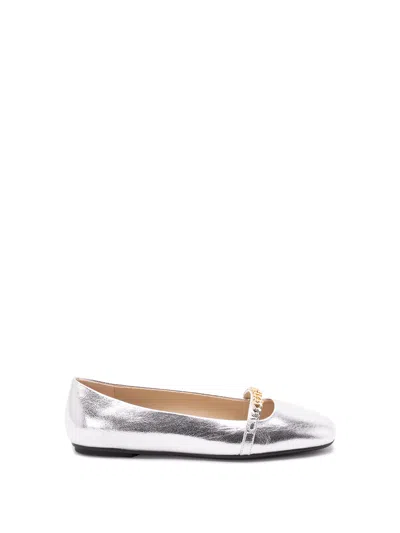 Pinko Pointed Toe Flats With Metallic Silver Finish And Chain Detail In Silver
