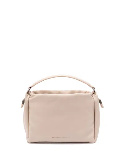 Brunello Cucinelli `mellow` Small Bucket Bag With Monili In Sand