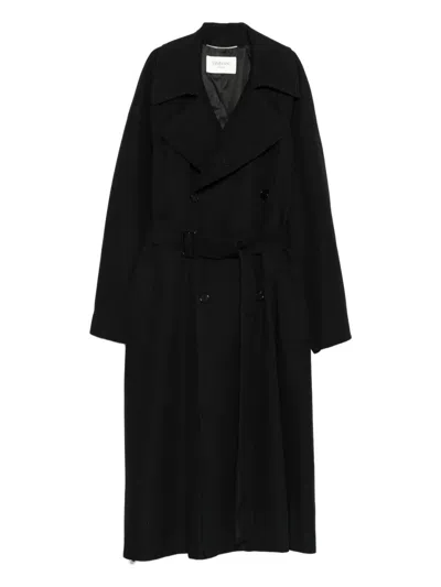 Saint Laurent Double-breasted Long Coat In Grain De Poudre In Black