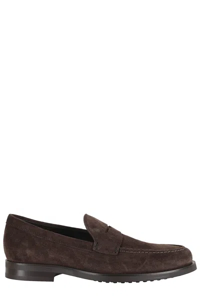 Tod's Tods Mens Dark Brown Gomma Suede Penny Loafers