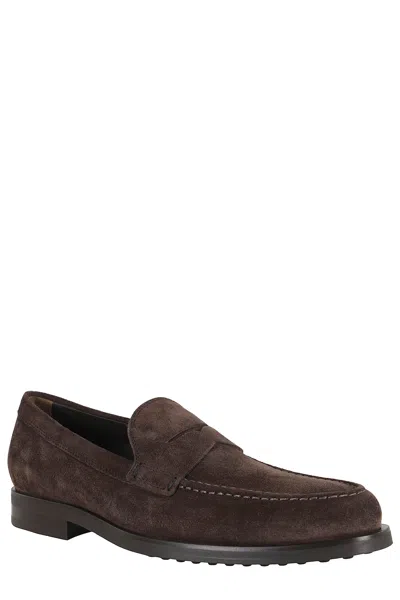 Tod's Tods Mens Dark Brown Gomma Suede Penny Loafers