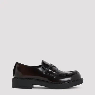 Prada Triangle Logo Chocolate Brushed Leather Loafers In Black