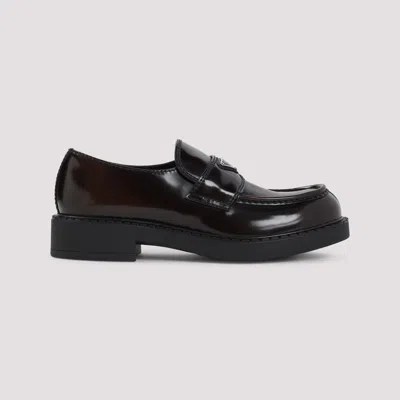 Prada Triangle Logo Chocolate Brushed Leather Loafers In Black
