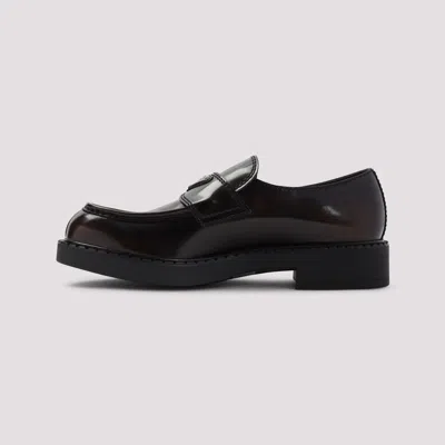 Prada Triangle Logo Chocolate Brushed Leather Loafers In Black
