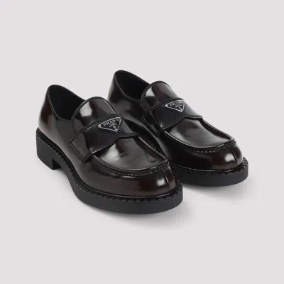 Prada Triangle Logo Chocolate Brushed Leather Loafers In Black