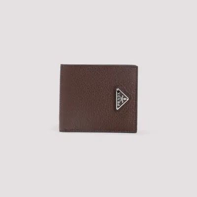 Prada Logo Bi-fold Leather Wallet In Brown